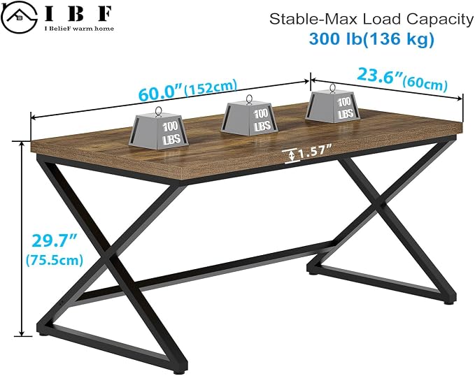 IBF 60” Rustic Computer Desk, Modern Wood Metal Home Office Desk, Farmhouse Work Desk for Writing Study in Bedroom, Minimalist Laptop Executive Workstation Computer Gaming Table, Rustic Oak, 60 in