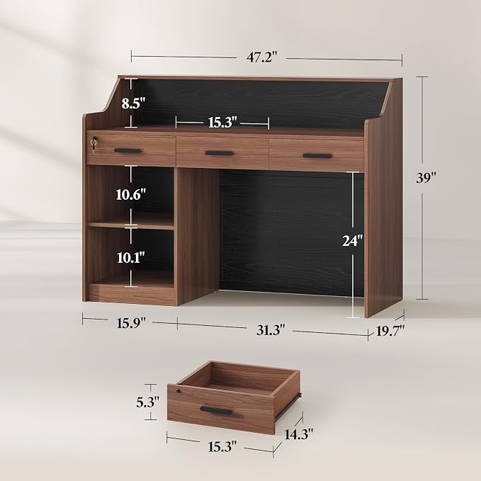 Reception Desk with Counter, Front Desk with 3 Drawers and Storage Cabinet, 47 inch Modern Retail Counter with Cable Grommet for Checkout, Barber, Beauty Salon, Home Office
