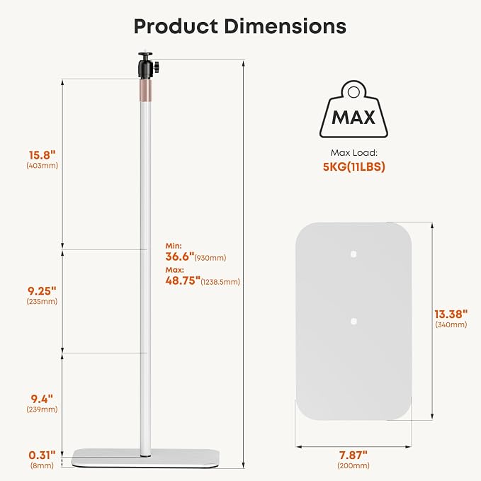 Universal Projector Stand – Height Adjustable Floor Stand with 360° Rotating Ball Head & 1/4" Screw, Heavy-Duty Base for Projectors, Cameras & Webcams – Blends with Warm Home Decor & White Devices
