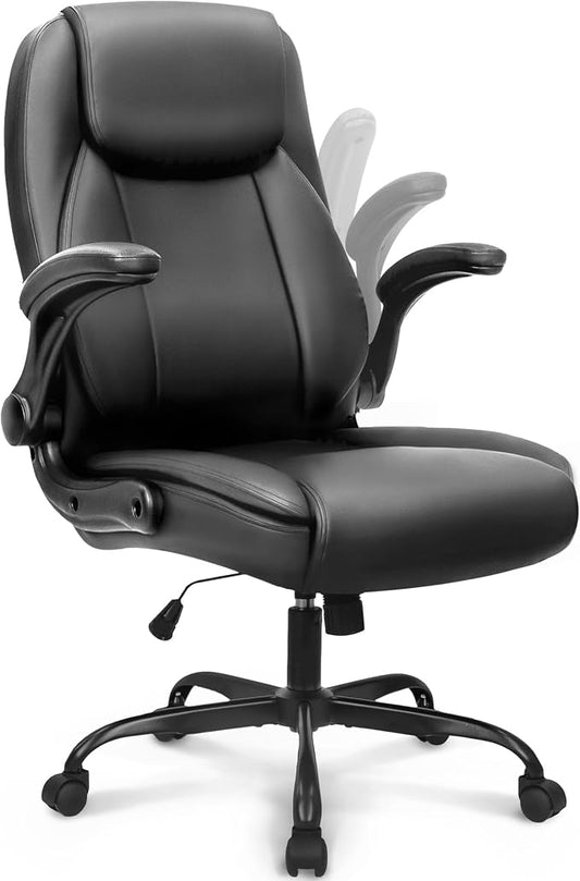 NEO Chair Ergonomic Office Chair Executive Computer Desk Chair Gaming High Back Support Comfy Seat Flip-up Arms Adjustable Height Swivel Rolling Wheels PU Leather for Home (Dark Black)