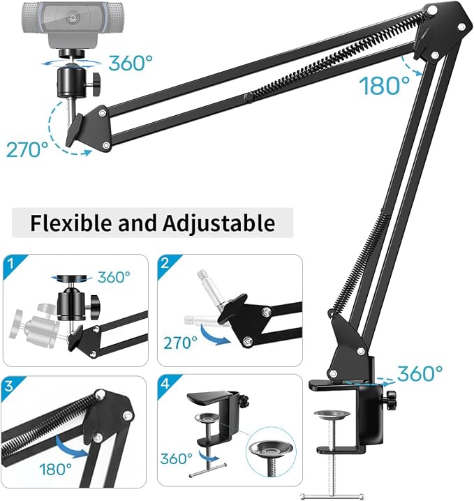 Webcam Stand, Boom Arm Camera Mount Stand for Logitech Webcam BRIO 4K C920 C920S C922 C922x C925e C930 NexiGo N60, 1/4"-3/8" and 3/8"-5/8" Screw for Blue Yeti Snowball Yeti Nano and Other Mics