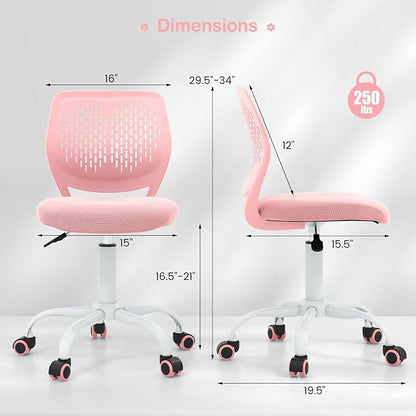 Giantex Kids Desk Chair, Adjustable Children Study Chair, Swivel Armless Mesh Task Office Chair, Computer Desk Chair with Adjustable Height & Lumbar Support, Pink