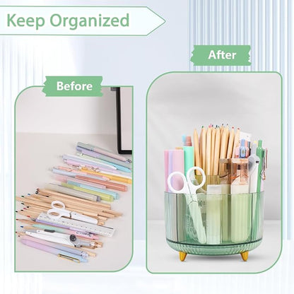 SKYDUE Rotating Pencil Pen Holder, Pen Organizer with 5 Slots - Aesthetic Desk Organizer and Accessories for School, Home, Office Supplies, Clear Green