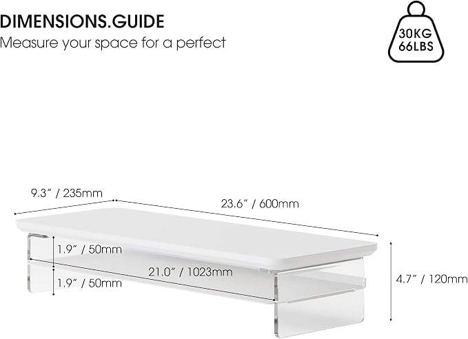 Fenge Acrylic Monitor Stand Riser, 23.6 Inches Monitor Stand with Metal Storage, 2 Tier Acrylic Computer Riser for Desk, Clear Laptop Stand for PC, Laptop, Printer, TV, White