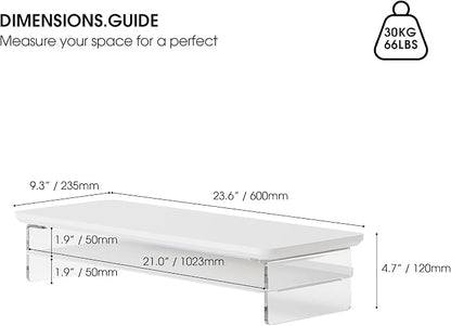 Fenge Acrylic Monitor Stand Riser, 23.6 Inches Monitor Stand with Metal Storage, 2 Tier Acrylic Computer Riser for Desk, Clear Laptop Stand for PC, Laptop, Printer, TV, White
