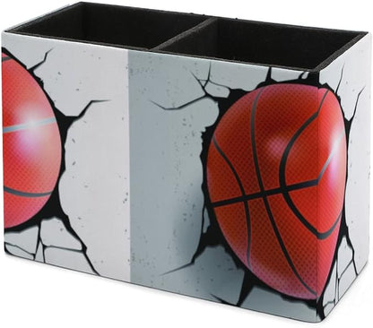 Niapessel Pencil Holder for Desk, Basketball Ball Pen Holder Storage Desktop Pen Organizer Desk Pencil Organizer Makeup Brush Holder for Office School College Leather