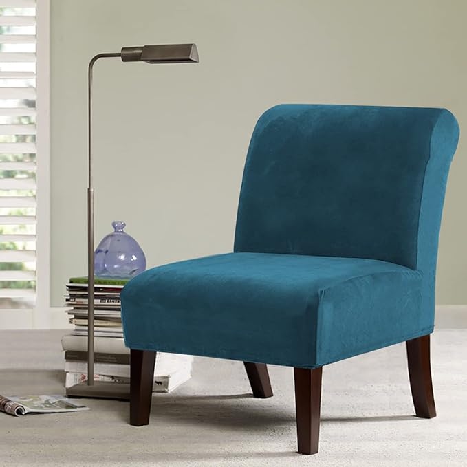 H.VERSAILTEX Armless Accent Chair Covers Thick Velvet Armless Chair Slipcovers High Stretch Chair Covers for Living Room Hotel Machine Washable Furniture Protector with Elastic Bottom, Peacock Blue