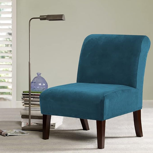 H.VERSAILTEX Armless Accent Chair Covers Thick Velvet Armless Chair Slipcovers High Stretch Chair Covers for Living Room Hotel Machine Washable Furniture Protector with Elastic Bottom, Peacock Blue
