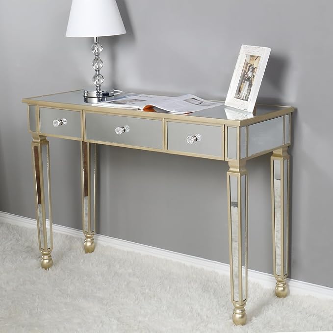 Henf Mirrored Console Table, Modern Makeup Vanity Desk Dressing Table with 3 Drawers, Contemporary Vanity Sofa Table for Entryway/Living Room/Bedroom (Champagne Gold)