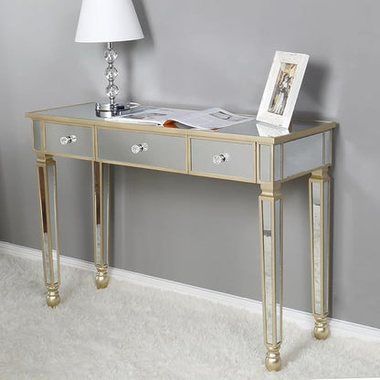 Henf Mirrored Console Table, Modern Makeup Vanity Desk Dressing Table with 3 Drawers, Contemporary Vanity Sofa Table for Entryway/Living Room/Bedroom (Champagne Gold)