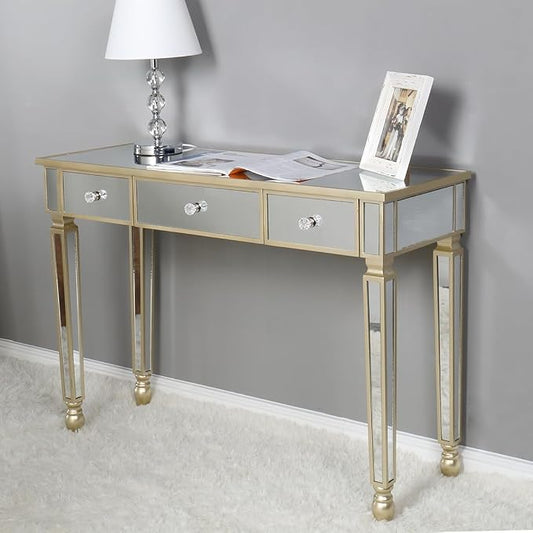 Henf Mirrored Console Table, Modern Makeup Vanity Desk Dressing Table with 3 Drawers, Contemporary Vanity Sofa Table for Entryway/Living Room/Bedroom (Champagne Gold)