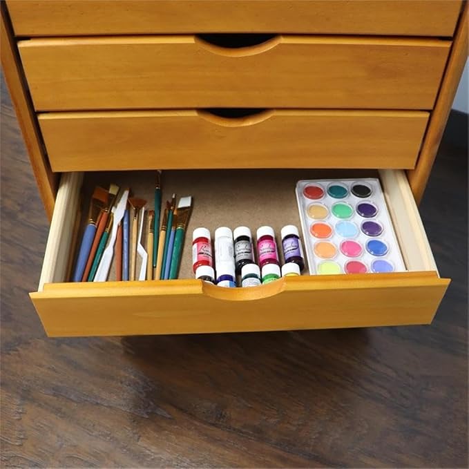 Pemberly Row Solid Wood 6-Drawer Roll Utility Cart, 15.35x20.75x25.43 in, Med Pine Finish, Smooth Mobility Casters, Compact Storage Organizer for Home Office, Kitchen, or Craft Room