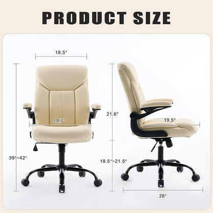 Leather Executive Office Chair - Ergonomic Computer Chair with Flip-up Arms Comfy PU Leather Home Desk Chairs Mid Back Support Adjustable Height Tilt Lock Swivel Rolling Wheels, Beige
