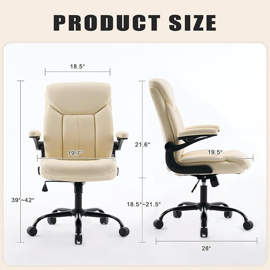 Leather Executive Office Chair - Ergonomic Computer Chair with Flip-up Arms Comfy PU Leather Home Desk Chairs Mid Back Support Adjustable Height Tilt Lock Swivel Rolling Wheels, Beige