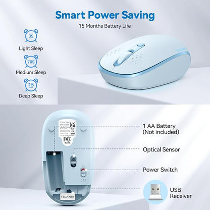 TECKNET Wireless Mouse, 2.4G Quiet Computer Mouse with USB Receiver, 4 Buttons Portable Cordless Mice for Chromebook, Laptop, PC, Mac, 800/1200/1600 DPI - Blue