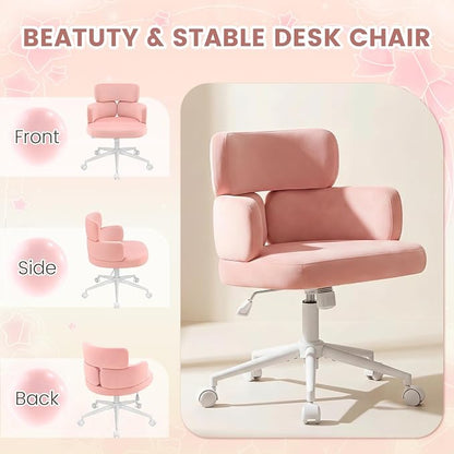Home Office Chair, Pink Desk Chair with Unique Curved Back and Wide Seat, Swivel Tilt Height Adjustable Computer Chair with Wheels, Plush Velvet Fabric for Vanity, Metal Base