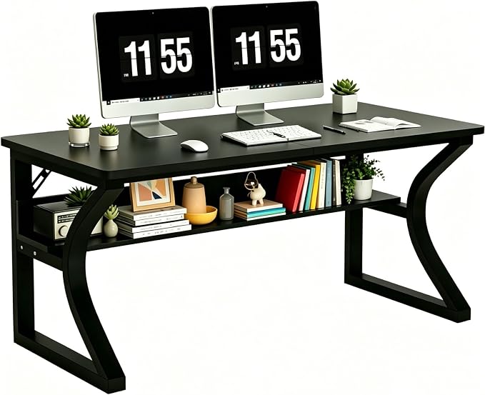 47'' Computer Desk Home Office Desk, Modern Computer Desk w/U Shaped Metal Frame, Storage Shelves, PC Table Study Writing Desk Workstation for Home Office (47inch/Black)