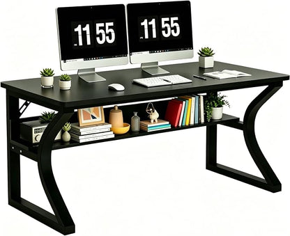 47'' Computer Desk Home Office Desk, Modern Computer Desk w/U Shaped Metal Frame, Storage Shelves, PC Table Study Writing Desk Workstation for Home Office (47inch/Black)