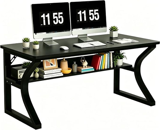 47'' Computer Desk Home Office Desk, Modern Computer Desk w/U Shaped Metal Frame, Storage Shelves, PC Table Study Writing Desk Workstation for Home Office (47inch/Black)
