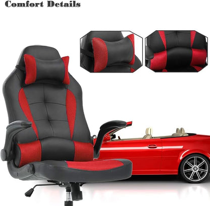 PC Gaming Chair Ergonomic Office Chair Desk Chair with Lumbar Suport Flip Up Arms Headrest Adjustable PU Leather Executive High Back Computer Chair for Women Men Adults,Red