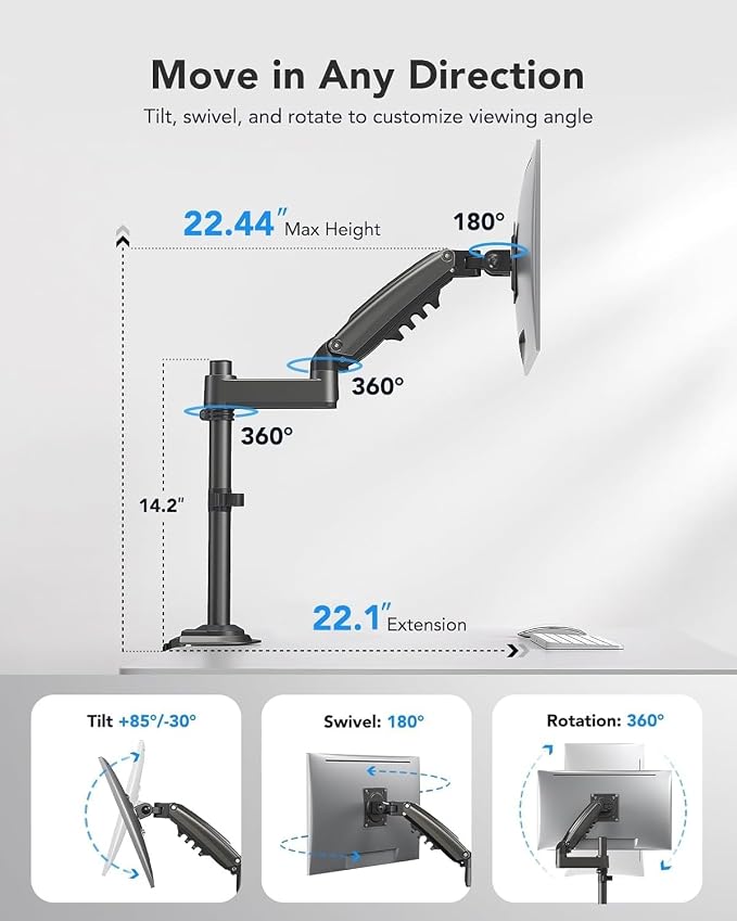 HUANUO Single Monitor Arm, Adjustable Desk Mount for 13-34 inch Screens, Holds 19.8lbs, 22.44 inch Max Height, Full Motion Swivel Gaming Monitor Stand with VESA 75x75mm and 100x100mm Compatibility