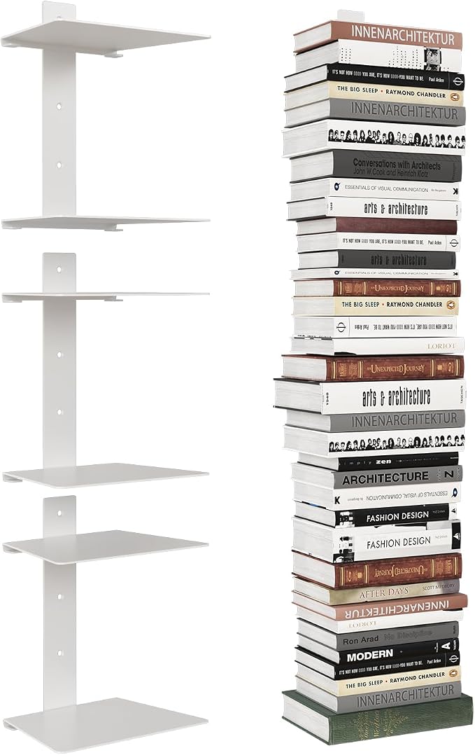 Wawocs Invisible Bookshelves for Wall, 6 Tier Floating Bookshelf Made of Heavy Duty Metal, Vertical Spine Book Tower Hanging Wall Bookshelf, Floating Book Shelves for Wall, 3 Pack White