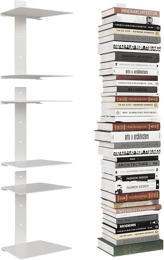 Wawocs Invisible Bookshelves for Wall, 6 Tier Floating Bookshelf Made of Heavy Duty Metal, Vertical Spine Book Tower Hanging Wall Bookshelf, Floating Book Shelves for Wall, 3 Pack White