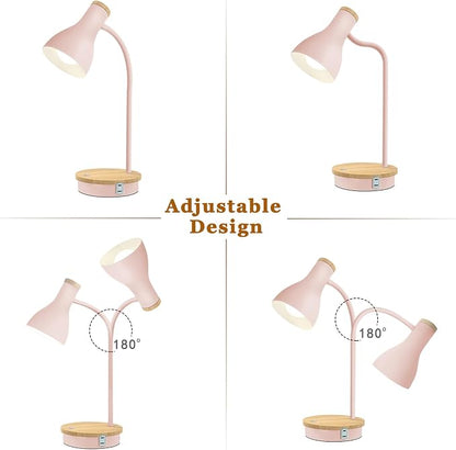 LALISU Metal Desk Lamp Wireless Charging Table Lamp Touch Reading Lights Arc Desk Lamps for Bedroom, 3 Way Dimmable Bedside Lamp with USB Charging Ports Lamp for Study Room and Office (Touch-Pink)