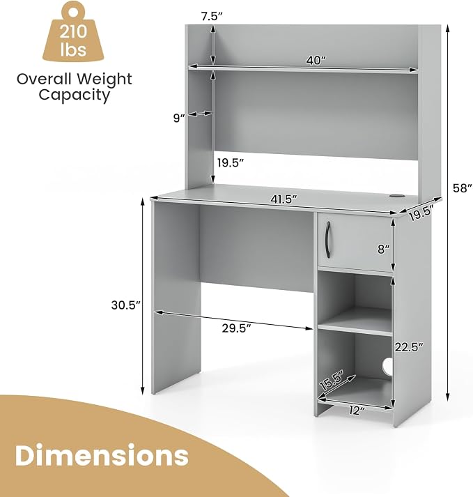 Giantex Computer Desk with Hutch, Home Office Desk with Storage Cabinet & Adjustable Shelf, 2 Cable Holes, Modern Laptop PC Desk Computer Workstation for Working, Study Writing Desk for Bedroom, Gray