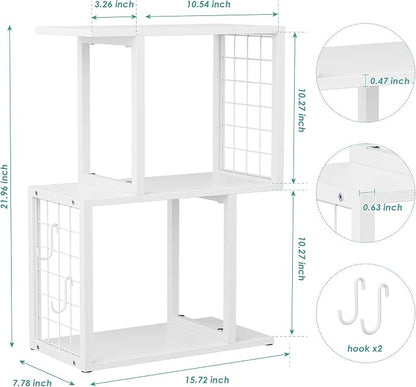 Small Desktop Bookshelf Organizer, White 3-Tier Desk Shelf with Metal Hook Workspace Organizers for Desk Organization and Office Storage Table Bookcase