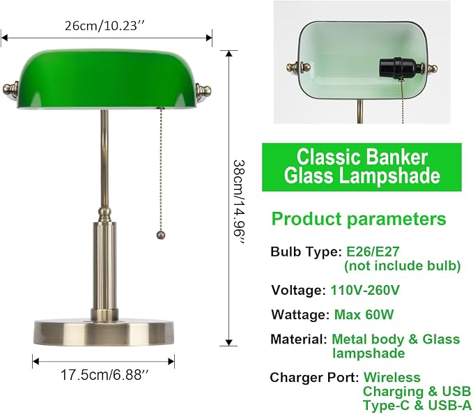 FIRVRE Green Glass Bankers Desk Lamp USB Wireless Charging Port LED Table Lamp Classic Retro Pull Chain Switch Reading Lamp for Home Office Workplace Library Piano