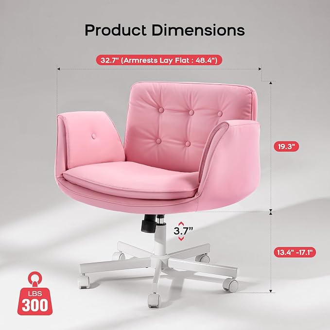 amseatec Criss Cross Office Chair, PU Leather Vanity Chair with 5-Level Adjustable Armrests & Swivel, Ergonomic Criss Cross Chair for Home Office Bedroom Makeup（Pink）