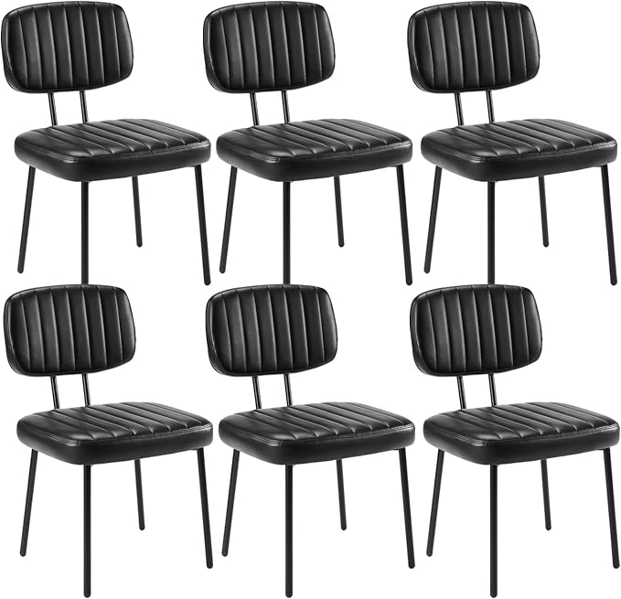 Sweetcrispy Dining Chairs Set of 6, Upholstered Mid Century Modern Kitchen Accent Chairs with Faux Leather Cushion Seat & Metal Legs for Home Office, Living Room - Black