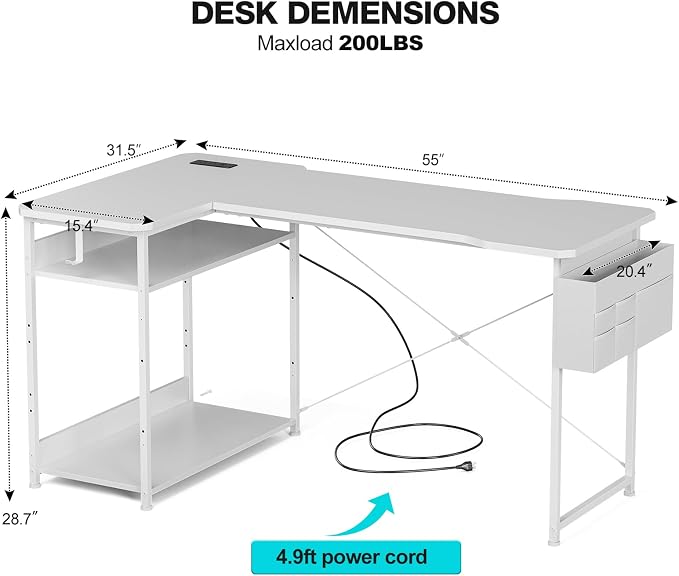 Acrolix L Shaped Gaming Desk 55 Inch - Computer Corner Desk with Power Outlets, Reversible Shelves & Storage Bag for Home Office, PC Gaming Table, White Carbon