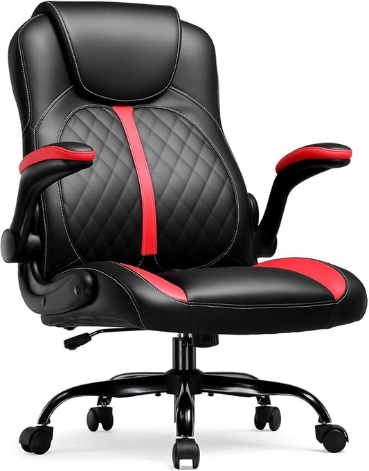 COMHOMA Office Computer Gaming Chair Ergonomic Desk Chair for Adults with Lumbar Support Flip-Up Arms Adjustable Height Swivel Wheels PU Leather Executive Design for Short People Use, Red