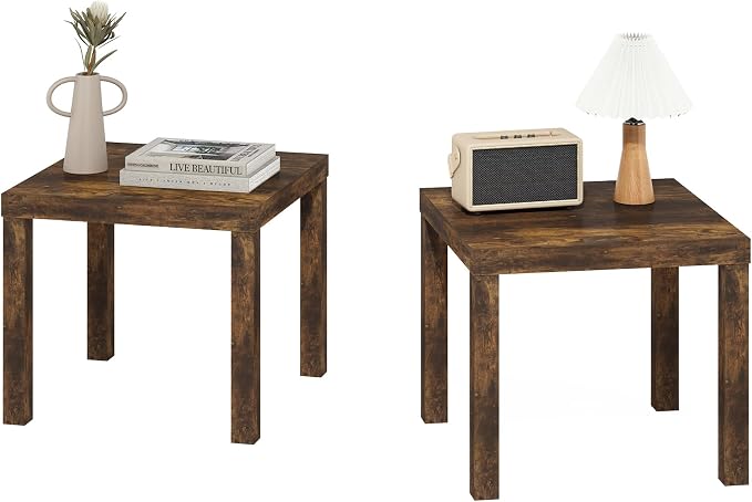 Furinno Classic Side Table Set of 2, Square Modern End Table with 1.8" Triple Thick Tabletop, Simple Night Stand, Bedside Table, Toolless Assembly, for Living Room, Bedroom, Amber Pine