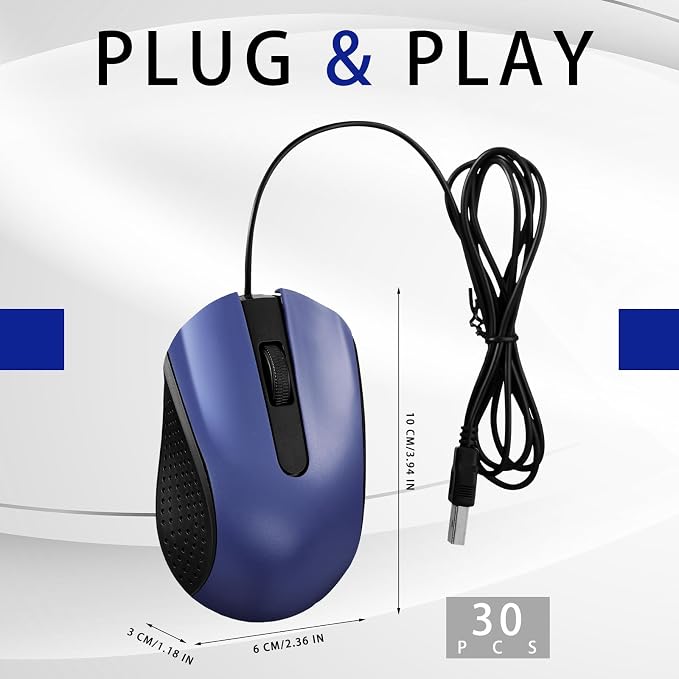 Bonuci 30 Pack USB Wired Mouse 3 Button Corded Computer Mice Bulk USB Mouse for PC Desktop, Laptop, Office, School, Classroom Use(Blue)