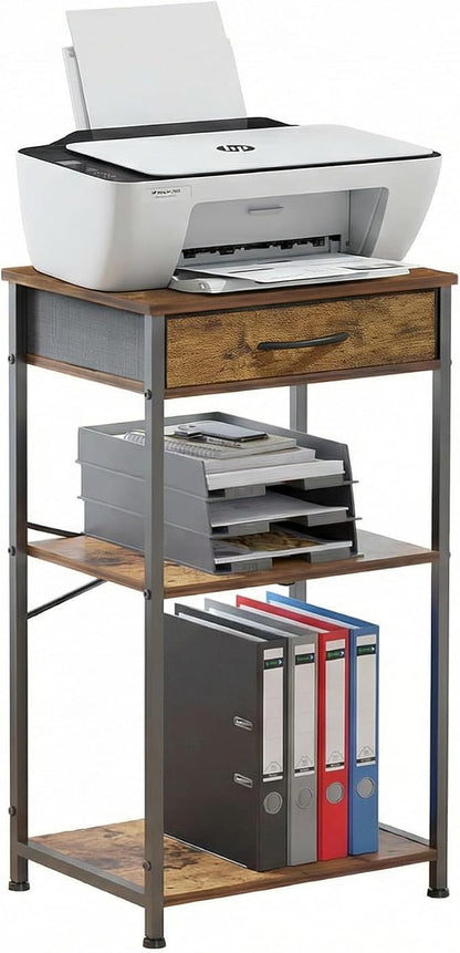Small Printer Stand with Fabric Drawer & Storage Side Table | Sturdy compact build, works as nightstand end table & accent table. Ideal for bedroom living room & home office daily storage