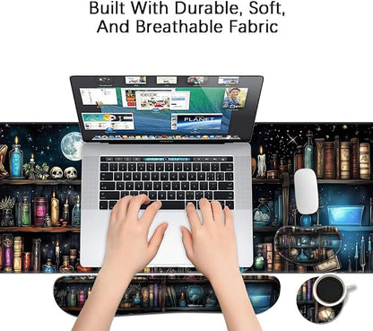 MIBITRI Keyboard Mouse Pad Set, Extended Gaming Mouse Pad+Ergonomics Keyboard Wrist Rest Support, Memory Foam, Easy Typing Pain Relief, 4Pcs XXL Ultra Thick Desk Mat, Enchanted Bookshelf