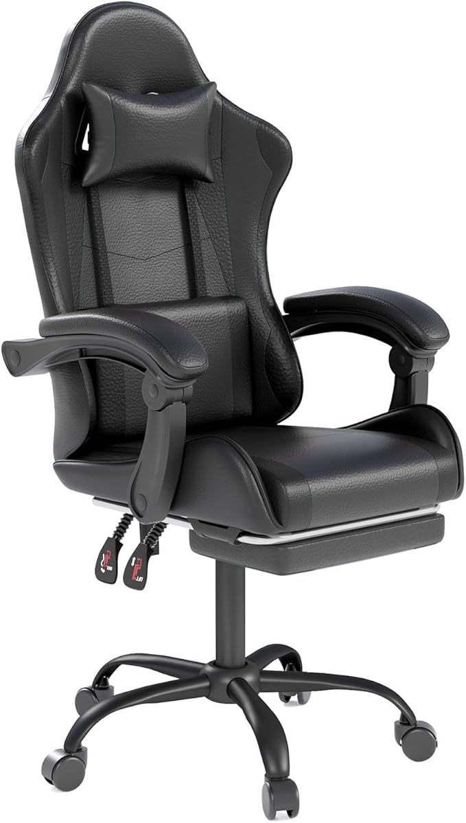 OS MOTOR Gaming Chair with Headrest and Lumbar Support, Ergonomic High Back Office Chair, Racing Style Executive Computer Desk Chair, Leather Adjustable Swivel Task Chair for Home Office (Black)