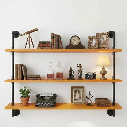 HDDFER Industrial Pipe Wall Shelves - 36" Rustic Natural Oak Solid Wood Shelf, 9.85" Deep Industrial Pipe Floating Shelving for Farmhouse Rustic Decor, Sturdy Storage for Books/Plants/Toiletries