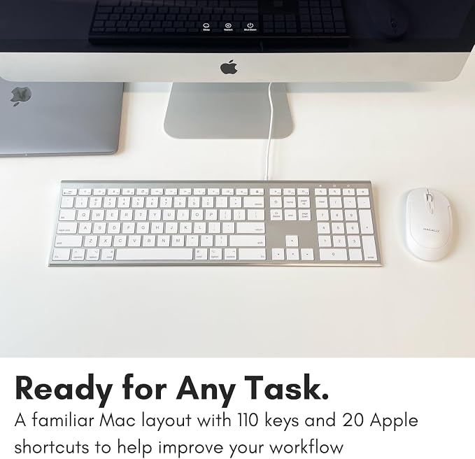 Macally Ultra Slim USB Wired Computer Keyboard - Compatible Apple Keyboard or Windows - Full Size with 20 Mac Keyboard Keys -with Numeric Keypad - Silver Aluminum Finish