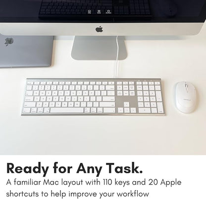 Macally Ultra Slim USB Wired Computer Keyboard - Compatible Apple Keyboard or Windows - Full Size with 20 Mac Keyboard Keys -with Numeric Keypad - Silver Aluminum Finish
