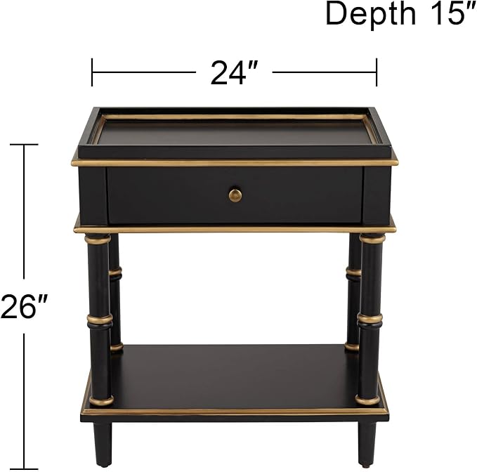 Cason Modern Glam Luxe Wood Rectangular Accent Side End Table 15" x 24" with Drawer and Shelf Black Gold Trim Handle for Living Room Bedroom Bedside Entryway Home House Office