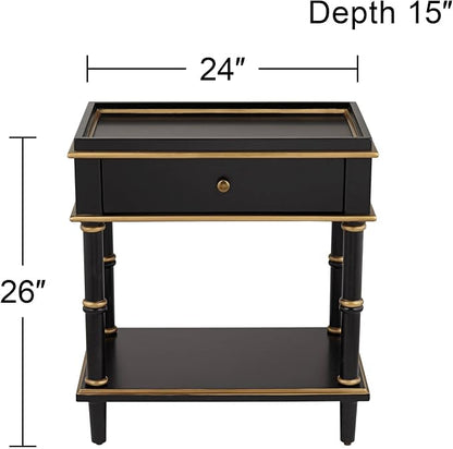 Cason Modern Glam Luxe Wood Rectangular Accent Side End Table 15" x 24" with Drawer and Shelf Black Gold Trim Handle for Living Room Bedroom Bedside Entryway Home House Office
