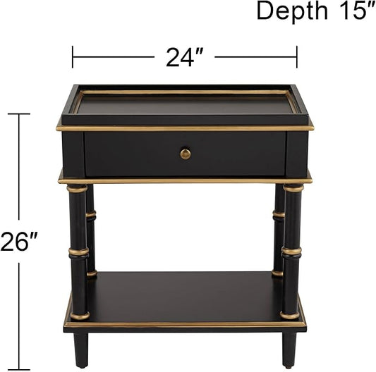 Cason Modern Glam Luxe Wood Rectangular Accent Side End Table 15" x 24" with Drawer and Shelf Black Gold Trim Handle for Living Room Bedroom Bedside Entryway Home House Office