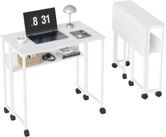 24.8" Folding Rolling Desk with Storage Shelf, Small Foldable Computer Table on Wheels for Home Office & Small Spaces, Portable Workstation with Brakes, White
