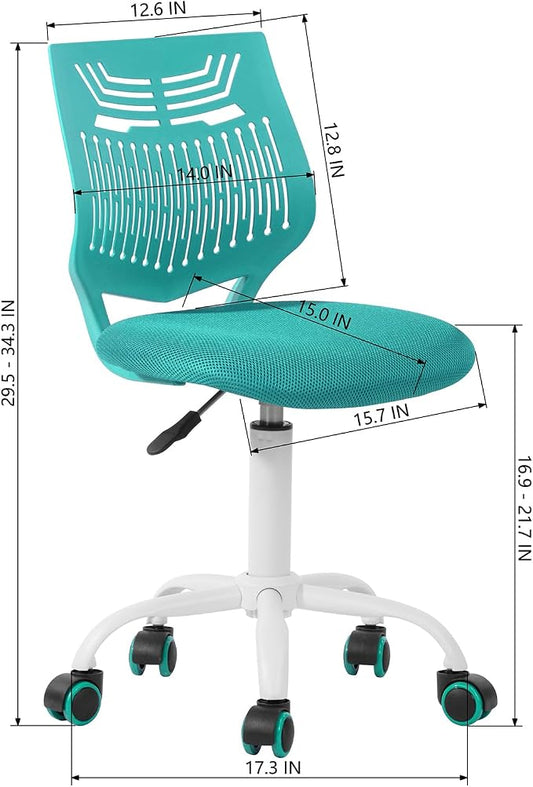 FurnitureR Desk Chair Armless, Adjustable Small Home Office Task Chair with Mesh Padded Cushion, Swivel Study Computer Chair with Rolling Wheels for Children Kids Teens Students, Aqua Green
