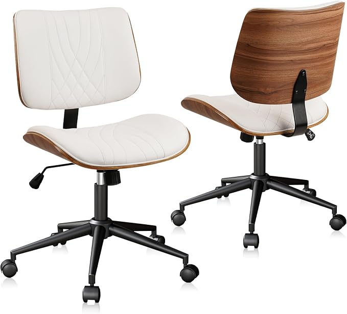 CLATINA Armless Home Office Chair, Desk Chair with Wheels, Adjustable Height Reading Chairs, Leather Mid Back & Swivel Computer Chairs, Modern Walnut with Back for Study Meeting Room(White) 2Pack