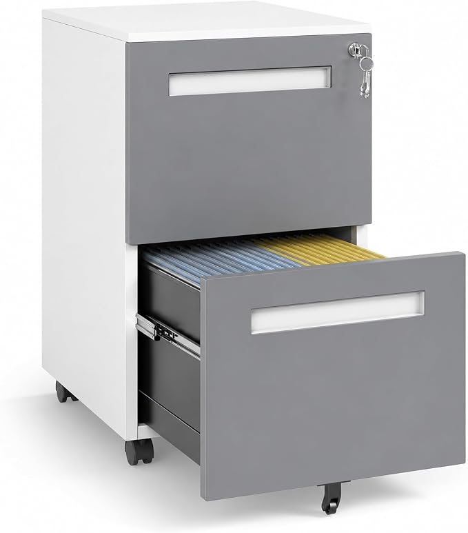 SAWJEC 2 Drawer File Cabinet with Lock, Grey Fully Assembled Rolling Metal Filing Cabinet for Home Office, Fits Letter/Legal/A4, Grey, 18" D x 15" W x 27" H
